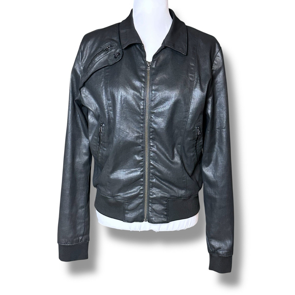 Cult Of Individuality XL Coated Black Denim Full Zip Moto Bomber Jacket Grunge